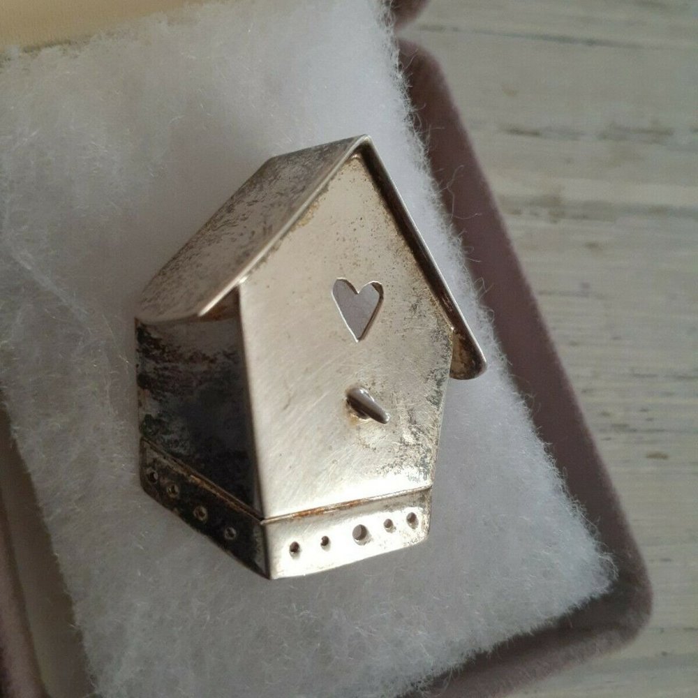 Far Fetched Sterling Silver 925 Whimsical Birdhouse Heart Pin Brooch Vintage